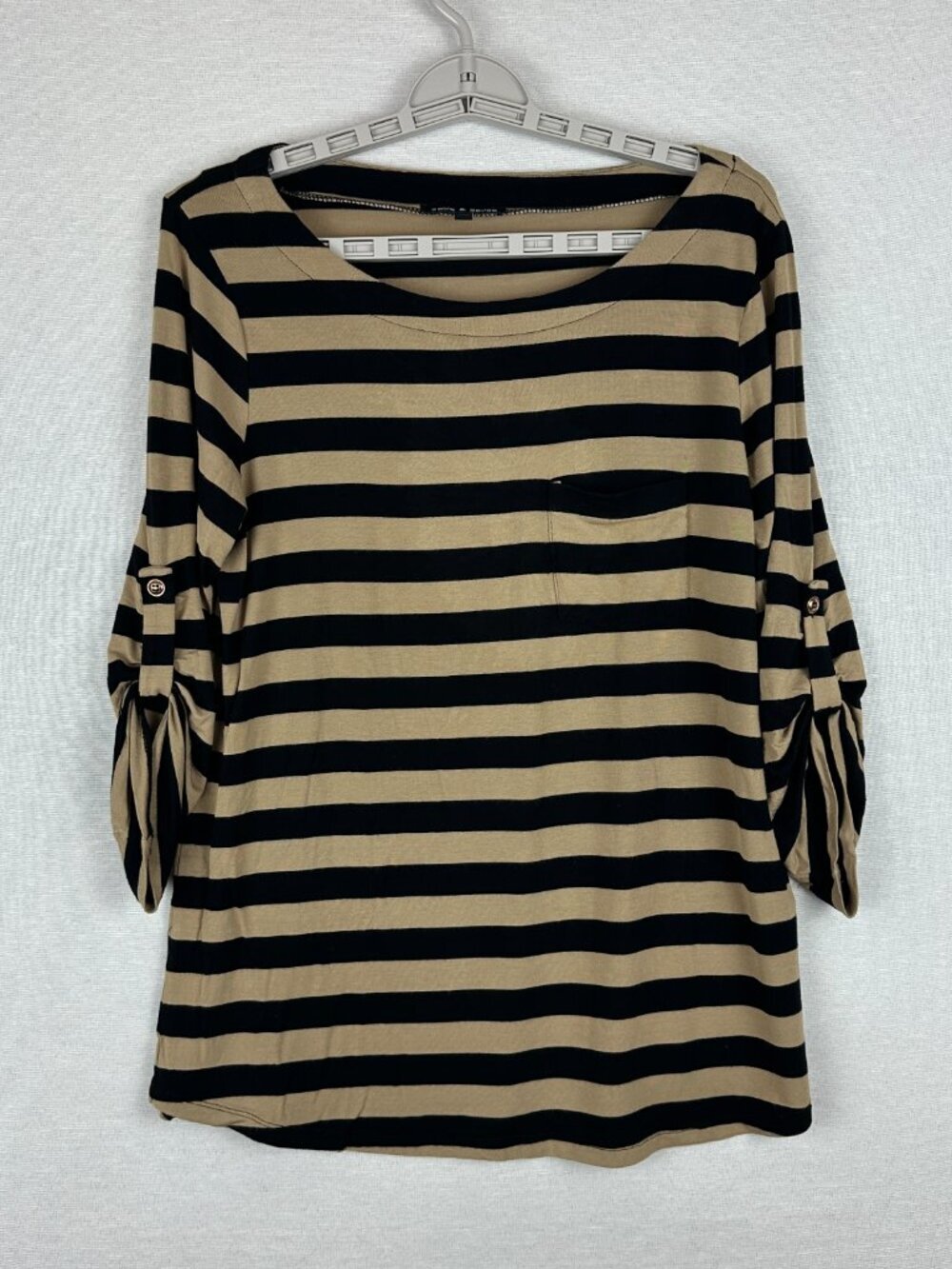 CABLE & GAUGE BLACK and TAN LONG SLEEVE WOMEN'S SHIRT STRIPE FRONT POCKET SIZE L